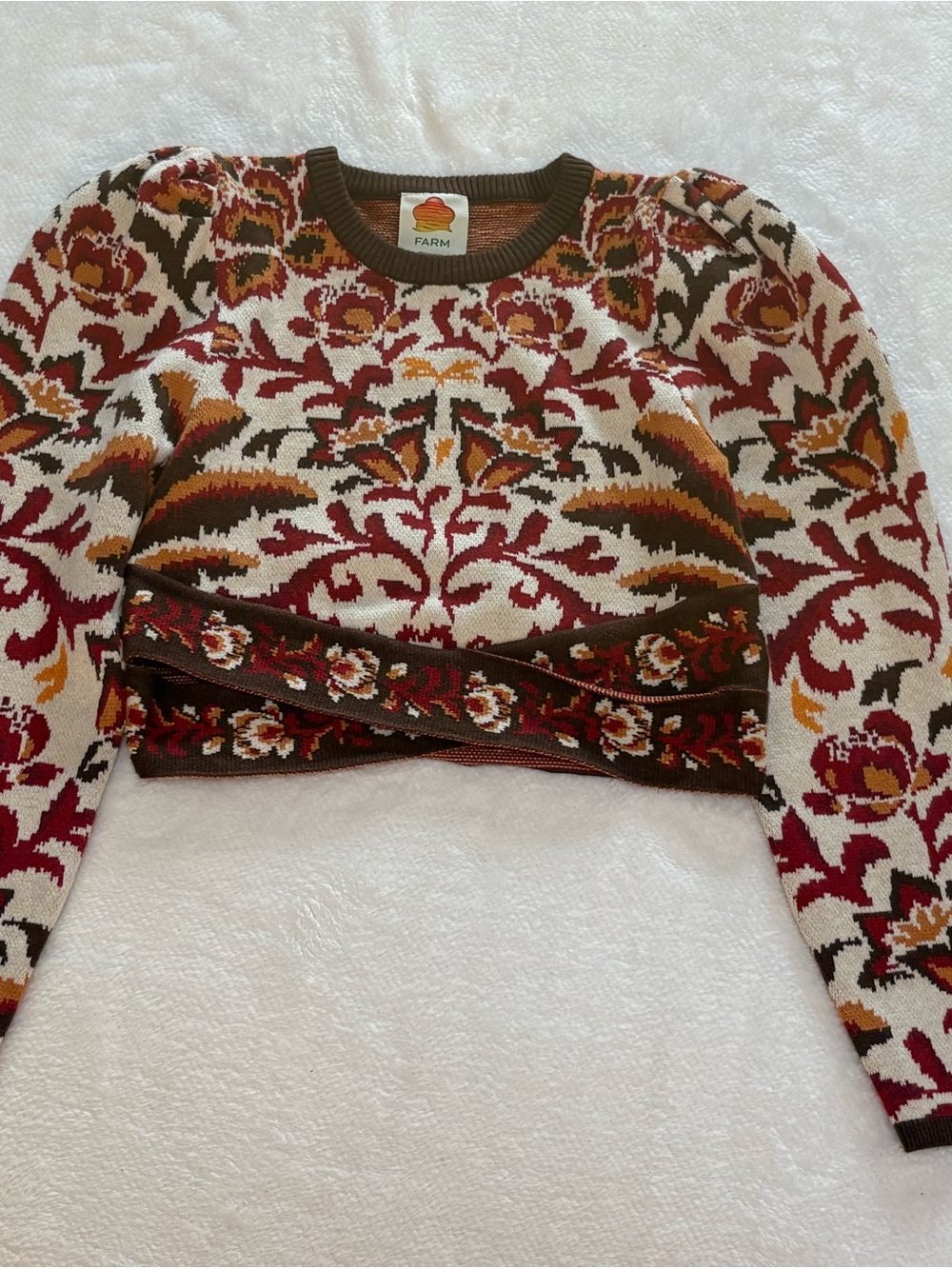 FARM Rio Cropped Floral Jacquard Sweater in Ivory, Rust, Olive, Mustard